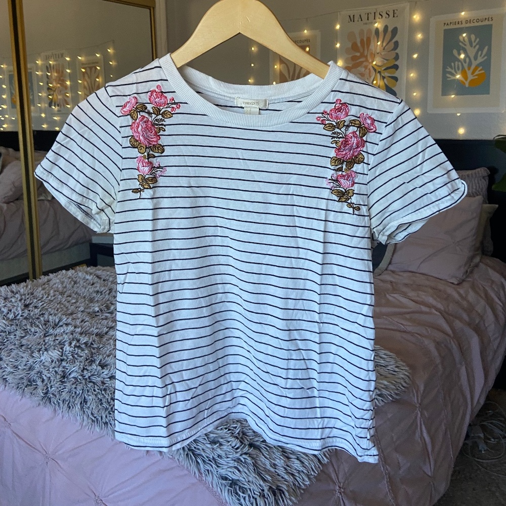 Forever 21 White T-Shirt with Black stripes and pink floral embroidery